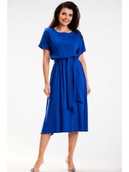 Awama Sukienka w kolorze niebieskim rozmiar: XL. Niebieskie sukienki damskie Awama, xl, bez wzorów, z tkaniny, bez kołnierzyka, bez ramiączek, midi. Za 175.26 zł.