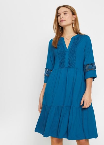 Sukienka tunikowa z miękkiej wiskozy. Czerwone sukienki damskie bonprix, bez wzorów, z koronki, bez kołnierzyka, bez ramiączek. Za 139.99 zł.