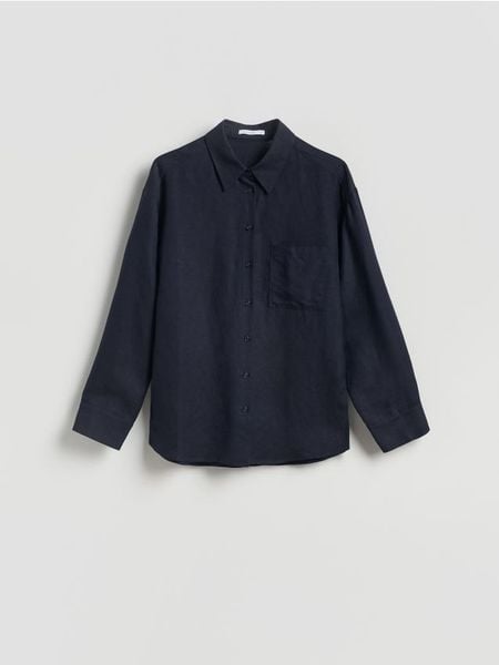 Koszula z lnem - granatowy. Niebieskie koszule damskie Reserved, l, bez wzorów, z tkaniny, bez kołnierzyka, bez ramiączek. Za 119.99 zł.