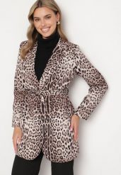 Beżowa Niezapinana Marynarka w Panterkę z Paskiem i Poduszkami na Ramionach Letaril. Brązowe marynarki i żakiety damskie Born2be, l, z aplikacjami, eleganckie. Za 159.99 zł.