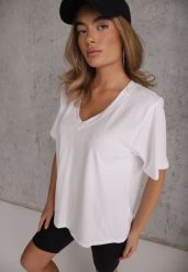 Biały T-shirt Bawełniany z Dekoltem w V Adozixie. Białe t-shirty damskie Renee, bez wzorów, z bawełny, bez kołnierzyka. Za 69.99 zł.