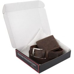 Zestaw prezentowy męski skórzany pasek portfel pudełko premium Beltimore Z55. Brązowe paski męskie bez wzorów. Za 100.99 zł.