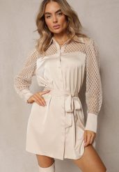 Jasnobeżowa Mini Sukienka o Koszulowym Fasonie z Materiałowym Paskiem i Siateczką Idanes. Brązowe sukienki damskie Renee, na jesień, bez wzorów, z materiału, eleganckie, bez kołnierzyka, bez ramiączek, mini, koszulowe. W wyprzedaży za 90.99 zł.
