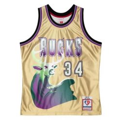 Koszulka NBA Milwaukee Bucks Ray Allen Swingman 75TH 1996/97. Żółte t-shirty damskie Mitchell & Ness, xl, bez wzorów, z materiału, bez kołnierzyka. Za 590.50 zł.