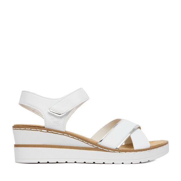 Sandały Rieker. Białe sandały damskie Rieker, bez wzorów, bez obcasa, na koturnie. Za 299.99 zł.