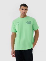 4F T-shirt oversize z nadrukiem męski - zielony S. Zielone t-shirty męskie 4f, m, bez wzorów, z bawełny, bez kołnierzyka. W wyprzedaży za 49.99 zł.
