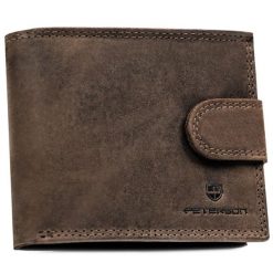 Zestaw prezentowy: brelok i brązowy, skórzany portfel męski z zapięciem na zatrzask - Peterson. Brązowe portfele męskie Peterson, bez wzorów. Za 79.99 zł.