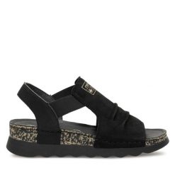 Sandały Rieker. Czarne sandały damskie Rieker, bez wzorów, bez obcasa, na koturnie. Za 319.99 zł.