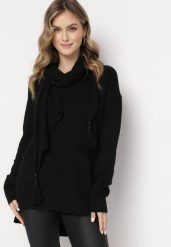 Czarny Sweter o Lekko Luźnym Kroju z Szalikiem w Komplecie Beruma. Czarne swetry klasyczne damskie Born2be, na zimę, l, bez kołnierzyka. Za 109.99 zł.