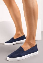 Granatowe Wsuwane Tenisówki Ozdobione Wstawką z Ekoskóry na Zapiętku Eliriaba. Niebieskie trampki i tenisówki damskie Renee, bez wzorów, ze skóry. Za 39.99 zł.