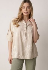 Beżowa Koszula z Wiskozy z Haftowanymi Kwiatami Sylimeine. Brązowe koszule damskie Born2be, na lato, l, z aplikacjami, z materiału, casualowe, bez kołnierzyka, plus size, bez ramiączek. Za 89.99 zł.