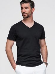 Męski sygnowany t-shirt V-neck z elastanem – czarny V3 - Rozmiar: XXL. Czarne t-shirty męskie Ombre Clothing, m, bez wzorów, z bawełny, bez kołnierzyka. W wyprzedaży za 52.50 zł.