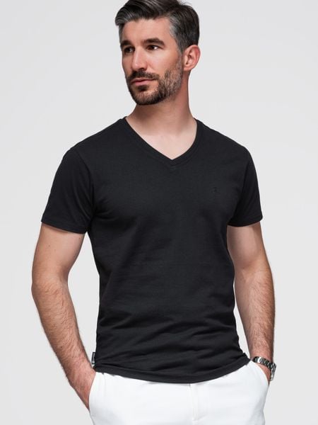 Męski sygnowany t-shirt V-neck z elastanem – czarny V3 - Rozmiar: XXL. Czarne t-shirty męskie Ombre Clothing, m, bez wzorów, z bawełny, bez kołnierzyka. W wyprzedaży za 52.50 zł.