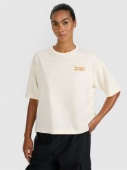 4F T-shirt oversize z nadrukiem damski - beżowy L. Brązowe t-shirty damskie 4f, l, bez wzorów, z bawełny, bez kołnierzyka. W wyprzedaży za 39.99 zł.