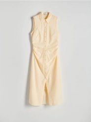 Sukienka midi z kołnierzykiem - jasnożółty. Żółte sukienki damskie Reserved, l, bez wzorów, z bawełny, bez kołnierzyka, bez ramiączek, midi, dopasowane. W wyprzedaży za 59.99 zł.