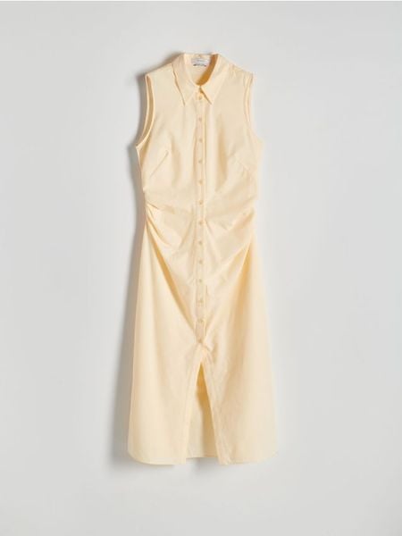 Sukienka midi z kołnierzykiem - jasnożółty. Żółte sukienki damskie Reserved, l, bez wzorów, z bawełny, bez kołnierzyka, bez ramiączek, midi, dopasowane. W wyprzedaży za 59.99 zł.
