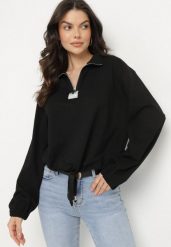 Czarna Bluza z Bawełną i Suwakiem Ściągana Sznurkami Felasa. Czarne bluzy bez kaptura damskie Born2be, m, z bawełny. Za 59.99 zł.