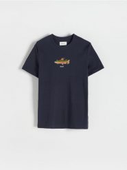 T-shirt regular z nadrukiem - granatowy. Niebieskie t-shirty męskie Reserved, l, bez wzorów, z bawełny, bez kołnierzyka. W wyprzedaży za 39.99 zł.