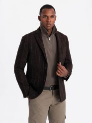 Męska elegancka marynarka w kratkę z domieszką wełny – ciemnobrązowa V3 OM-BLZB-0137 - XXL. Szare marynarki męskie Ombre Clothing, bez wzorów, z materiału. Za 251.99 zł.