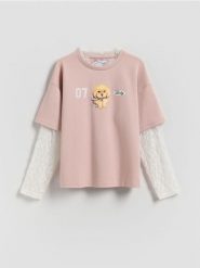 Koszulka z koronkowymi rękawami - różowy. Czerwone koszulki dziewczęce Reserved, bez wzorów, z bawełny, bez ramiączek. Za 49.99 zł.