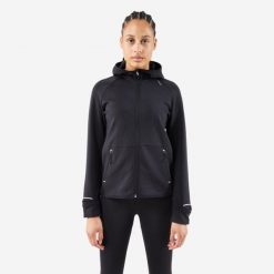 Bluza do biegania damska Kiprun Run 500 Warm ocieplana. Niebieskie kurtki do biegania damskie KIPRUN, l, bez wzorów, z materiału, bez kaptura. Za 99.99 zł.
