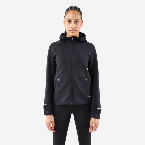 Bluza do biegania damska Kiprun Run 500 Warm ocieplana. Czarne bluzy z kapturem damskie KIPRUN, s, bez wzorów, z materiału, bez kaptura. Za 159.99 zł.