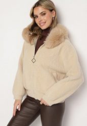 Beżowa Rozpinana Bluza z Wiskozą Wełną i Futerkiem Tesalttia. Brązowe bluzy bez kaptura damskie Born2be, l, z jeansu. Za 219.99 zł.