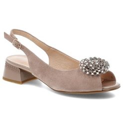 Sandały damskie S.Barski, ze skóry naturalnej z efektowną biżuteryjną ozdobą i stabilnym obcasem, beżowe, CR61-3030. Brązowe sandały damskie S.BARSKI, z aplikacjami, ze skóry, bez obcasa, na obcasie. Za 305.90 zł.