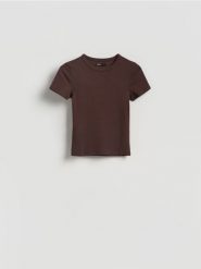 T-shirt slim fit z modalem - ciemnobrązowy. Brązowe t-shirty damskie Reserved, l, bez wzorów, z bawełny, bez kołnierzyka. Za 45.99 zł.