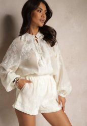 Jasnobeżowy Komplet z Wiskozą i Bawełną Szorty i Koszula z Haftem Milviola. Brązowe koszule damskie Renee, bez wzorów, z bawełny, eleganckie. Za 169.99 zł.