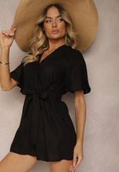 Czarny Kopertowy Kombinezon z Bawełny Wiązany w Talii Materiałowym Paskiem Vikly. Czarne kombinezony damskie Renee, l, bez wzorów, z bawełny, eleganckie, bez kołnierzyka, bez ramiączek. Za 59.99 zł.
