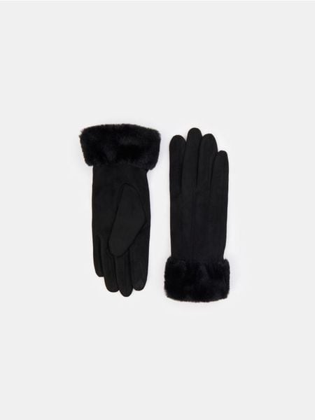 Rękawiczki z futerkiem ozdobnym - czarny. Czarne rękawiczki damskie Sinsay, bez wzorów. W wyprzedaży za 12.99 zł.