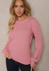 Różowy Sweter z Wiskozą Ozdobiony Cyrkoniami i Tłoczeniem Berini. Czerwone swetry klasyczne damskie Renee, l, z jeansu, bez kołnierzyka. Za 69.99 zł.