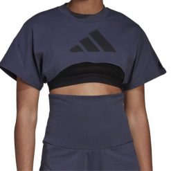 Koszulka treningowa damska Adidas Yoga Tee. Niebieskie bluzki sportowe damskie Adidas, xs, bez wzorów, z bawełny, bez ramiączek. Za 102.00 zł.
