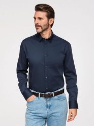 Klasyczna męska koszula SLIM FIT z satynowej tkaniny – granatowa V3 - Rozmiar: S. Niebieskie koszule męskie Ombre Clothing, m, bez wzorów, z bawełny, bez kołnierzyka, bez ramiączek. W wyprzedaży za 139.99 zł.