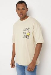 Jasnobeżowa Bawełniana Koszulka T-shirt z Krótkim Rękawem z Nadrukiem na Plecach i Przodzie Civia. Brązowe t-shirty męskie Born2be, m, bez wzorów, z bawełny, bez kołnierzyka. Za 54.99 zł.