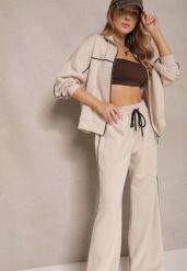 Jasnobeżowy Retro Komplet Dresowy z Wiskozą Bluza i Spodnie o Szerokim Kroju Selriza. Brązowe bluzy bez kaptura damskie Renee, z dresówki. Za 159.99 zł.