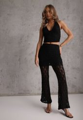 Czarny Komplet z Koronki Top Halter i Spodnie Zdobione Wszytą Spódnicą Celanix. Czarne spodnie materiałowe damskie Renee, z aplikacjami, z koronki, eleganckie. Za 229.99 zł.