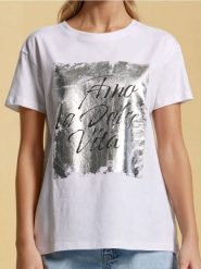 Bawełniana koszulka z metalicznym nadrukiem - biały. Białe t-shirty damskie Sinsay, l, bez wzorów, z bawełny, bez kołnierzyka. Za 25.99 zł.
