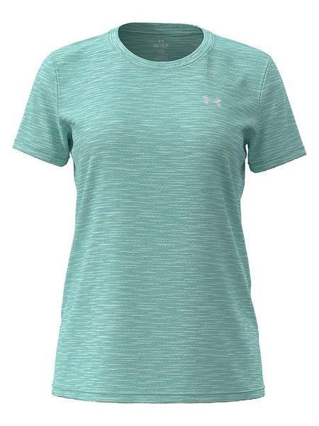 Under Armour Koszulka sportowa "Tech" w kolorze miętowym rozmiar: M. Zielone bluzki sportowe damskie Under Armour, m, z materiału, bez kołnierzyka, bez ramiączek. Za 89.95 zł.