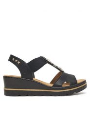 Rieker Sandały CEO-67498-00 Czarny. Czarne sandały damskie Rieker, bez wzorów, z materiału, bez obcasa, na koturnie. Za 319.99 zł.