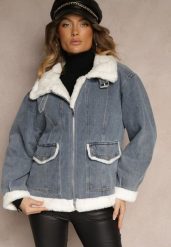 Niebieska Jeansowa Kurtka z Bawełną i Futerkiem Ozdobiona Paskiem przy Kołnierzu Senalira. Niebieskie kurtki damskie Renee, l, bez wzorów, z bawełny, bez kaptura. Za 219.99 zł.