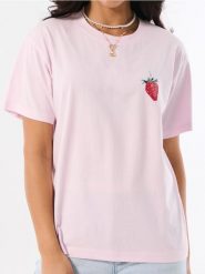 Bawełniana koszulka z motywem truskawki - pomarańczowy. Brązowe t-shirty damskie Sinsay, l, bez wzorów, z bawełny, bez kołnierzyka. Za 19.99 zł.