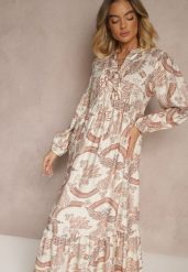 Pomarańczowa Rozkloszowana Sukienka z Wiskozą Wiązana przy Dekolcie w Roślinny Print Koriselle. Brązowe sukienki damskie Renee, na co dzień, l, bez wzorów, z wiskozy, eleganckie, bez kołnierzyka, bez ramiączek, maxi, rozkloszowane. W wyprzedaży za 111.99 zł.