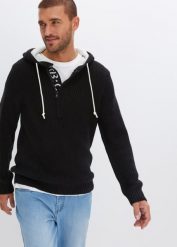 Sweter z kapturem. Czarne swetry męskie bonprix, l, bez wzorów, bez kołnierzyka. Za 139.99 zł.