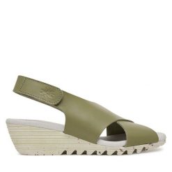 Sandały Fly London. Zielone sandały damskie Fly London, bez wzorów, bez obcasa, na koturnie. Za 420.99 zł.