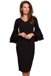 Sukienka elegancka wieczorowa midi z bufiastymi rękawami czarna. Czarne sukienki damskie Makover, xl, bez wzorów, eleganckie, bez kołnierzyka, bez ramiączek, midi, dopasowane. Za 289.00 zł.