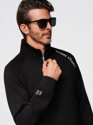 Bluza męska z rozpinaną wysoką stójką i kontrastowym nadrukiem – czarna V1. Czarne bluzy bez kaptura męskie Ombre Clothing, m, z dzianiny. Za 189.99 zł.