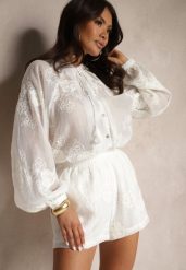 Biały Komplet z Wiskozą i Bawełną Szorty i Koszula z Haftem Milviola. Białe koszule damskie Renee, bez wzorów, z bawełny, eleganckie. Za 169.99 zł.