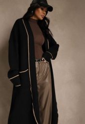 Czarny Niezapinany Kardigan o Długim Kroju z Lamówką Venisse. Czarne kardigany damskie Renee, bez wzorów, z jeansu. Za 109.99 zł.